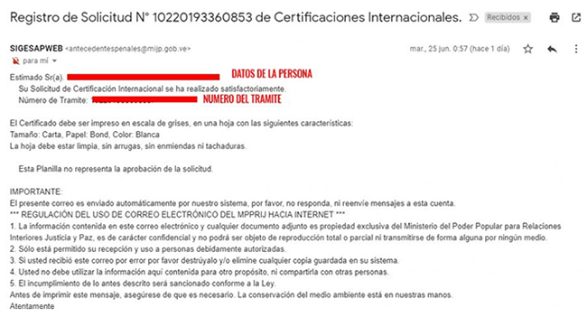 Correo enviado cuando se hace el registro de solicitud de certificaciones internacionales de antecedentes penales venezolanos.