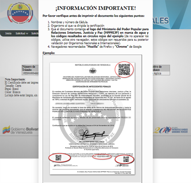 Primera vista del modulo de certificaciones internacionales de antecedentes penales venezolanos.